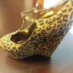 Leopard peep toe wedges